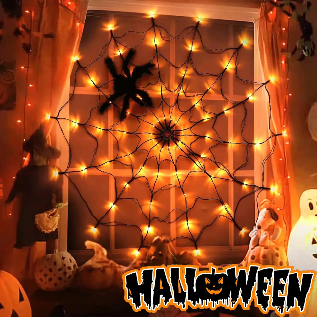 Halloween Spider Web Decorative Net Lights 70LED Battery Operated For Haunted House Ghost Festival Halloween Home Party Decor Vue