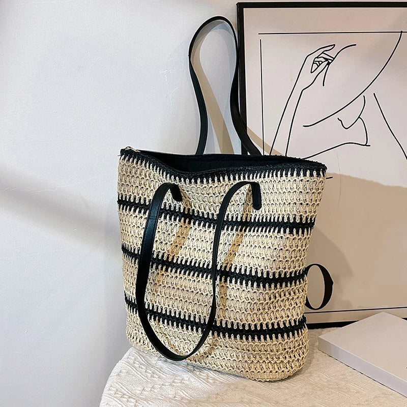 Designer Striped Straw Shoulder Bag Female Fashion Large Capacity