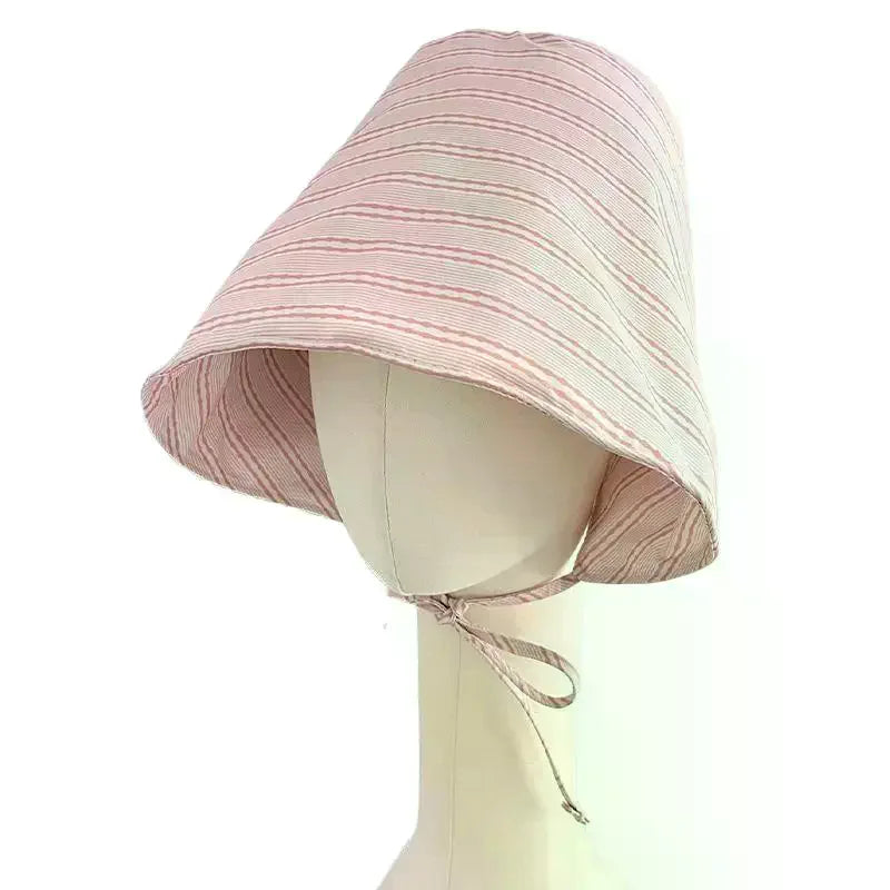 Bucket Hat Wide Brim Floral Pastoral French Striped Lace Up Sun Protection for Outdoor Summer Events Vue