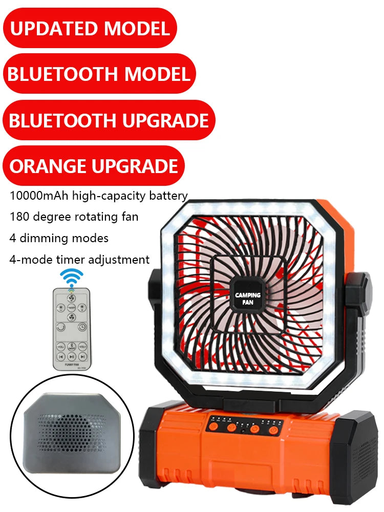 4-in-1 Multifunctional Fan with LED Light USB Outdoor Power Bank And Bluetooth Speaker—Ideal For Outdoor Camping And A Desk Fan Vue orange Pro