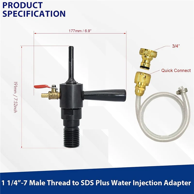 ABKW-1 1/4In-7 Male To SDS Plus Drill Adapter Kit- Water Injection Capable,Includes Solid Brass Hose Quick Connector And Hose Vue