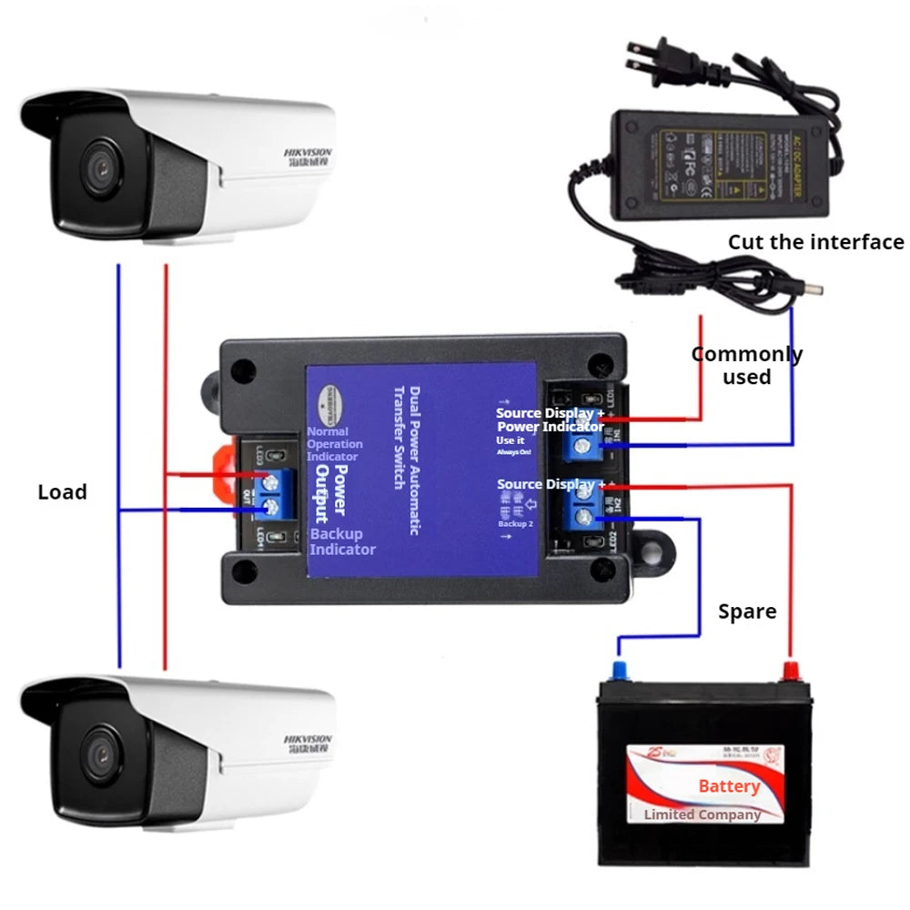 Dual Power UPS Switch Module 12V/24V/60V Automatic Uninterruptible Transfer with Indicator Light Vue