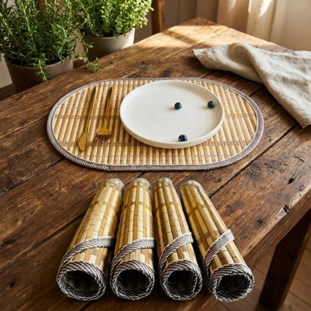 Creative Natural Bamboo Placemats Anti-Slip Edge Binding Woven Oval Placemat Heat-Resistant Rustic Dining Pad Kitchen Vue