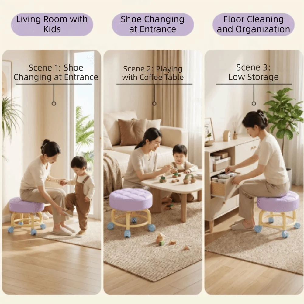 Round Shape Sliding Wheel Stool Universal Wheel Contrasting Color Small Stool Solid Frame Padded Seat Shoe Changing Stool Vue