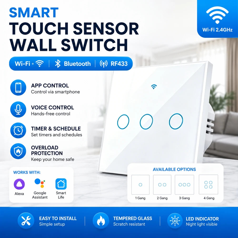 EU WiFi Smart Light Switches Touch Switch RF433 Need Neutral Wire Smart Home Life Tuya App Control Support Alexa Google Home Vue