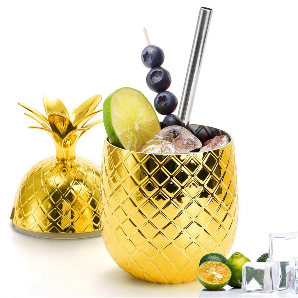 2 Pack Pineapples Drink Cups, 450Ml Gold Pineapples Tumbler with Stretched Straw, Hawaiian Luau Party Cups Vue