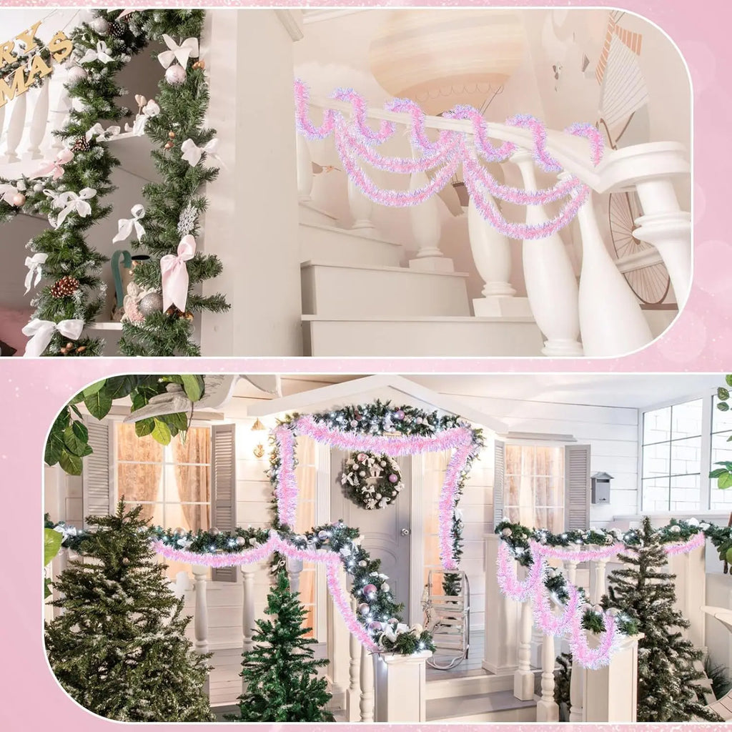 Metallic Tinsel Garland Rainbow Colorful Pink Christmas Garland Shiny Decorative String for Tree Holiday Party Decoration Vue