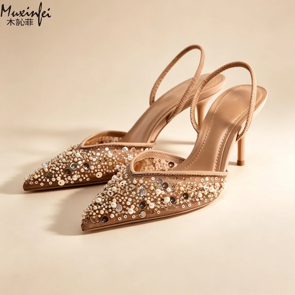 Women's Sequin Beaded High Heel Pointed Toe Mule Pumps High Heel Mule Pumps Vue