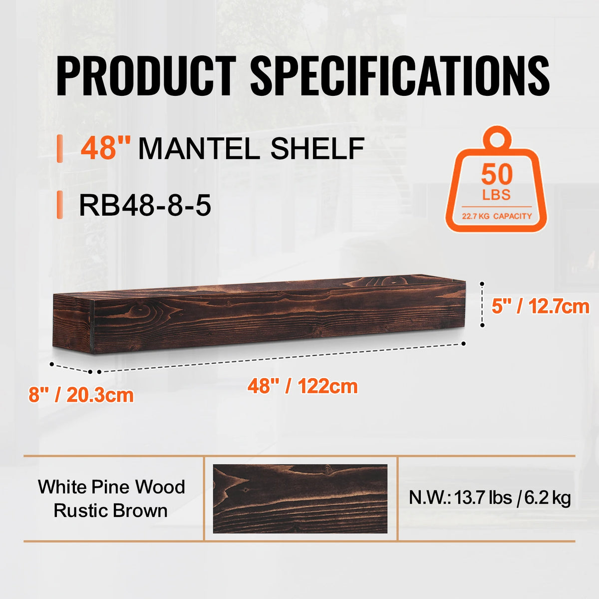48" Floating Fireplace Mantel Shelf – Solid Pine, Rustic Brown Fireplace Mantel Shelf Vue