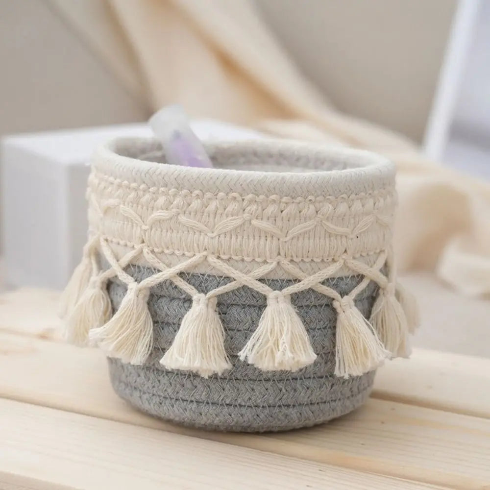 Cotton Rope Woven Storage Basket Bohemian Style Round Makeup Brush Storage Box Lightweight Tassels Storage Basket Vue