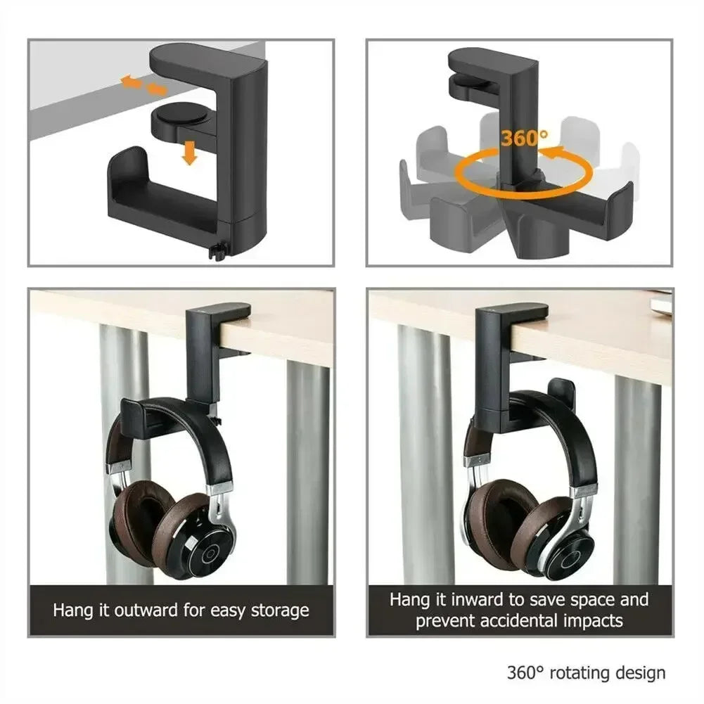 360 Rotation Headphone Hook Holder Gaming Headset Stand PC Adjustable Headphone Bracket Desk Hanger with Cable Clip Universal Vue