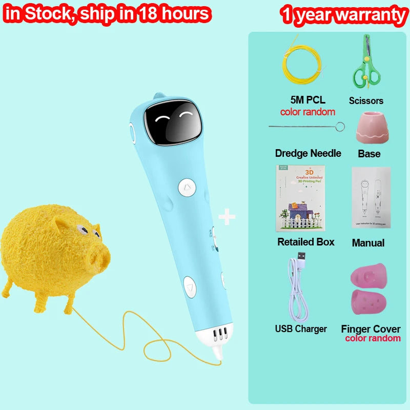 3D Printing Pen Low Temperature Built-in Battery Voice Broadcast 1.75mm PCL Filament 3D Pen Drawing DIY For Kids Grils Boys Gift Vue blue PCL Filagment