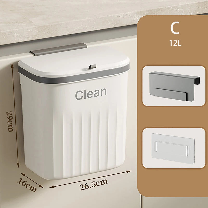 8.5/12L Kitchen Trash Can Wall Mounted Hanging Trash Bin With Lid Garbage Can For Cabinet Under Sink Waste Garbage Compost Bin Vue C
