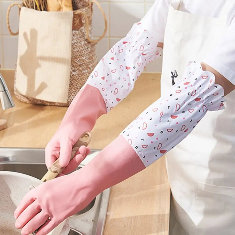 Latex Rubber Dish Washing Gloves Elastic Cuffs Velvet Winter Cleaning Gloves Long Sleeve Waterproof Housework Gloves Vue