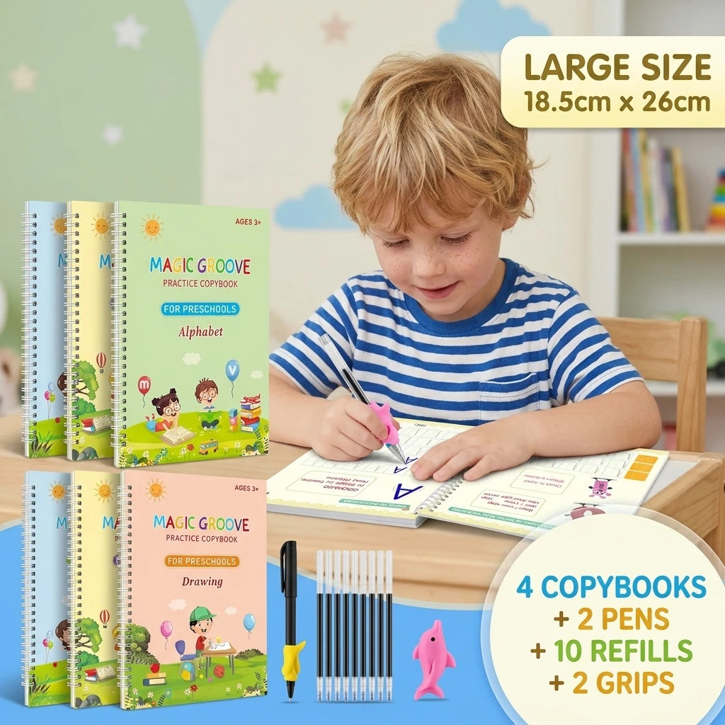 4PCS Reusable Magic Practice Copybook Kids Grooves Calligraphy Handwriting Learning Preschool Tracing Book with Pen for Boy Girl Vue