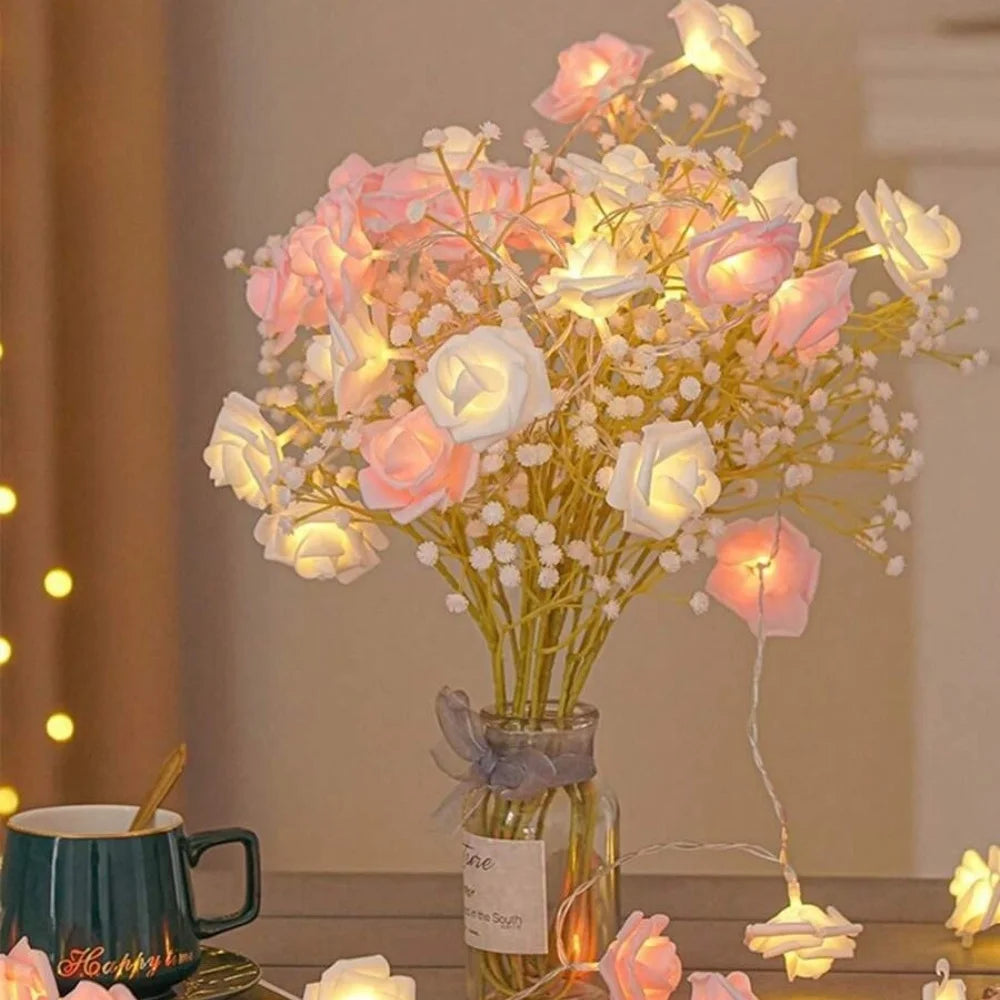 1PC 1.5M10LED/3M20LED artificial rose string light,powered by AA batteries(excl),used for room and Valentine's Day decoration Vue