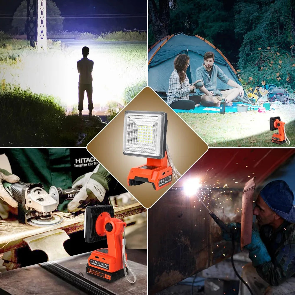 Portable LED Work Light Rechargeable Camping Light for Black&Decker 20V Batteries with Quick Charge Port for Indoor Outdoor Use Vue