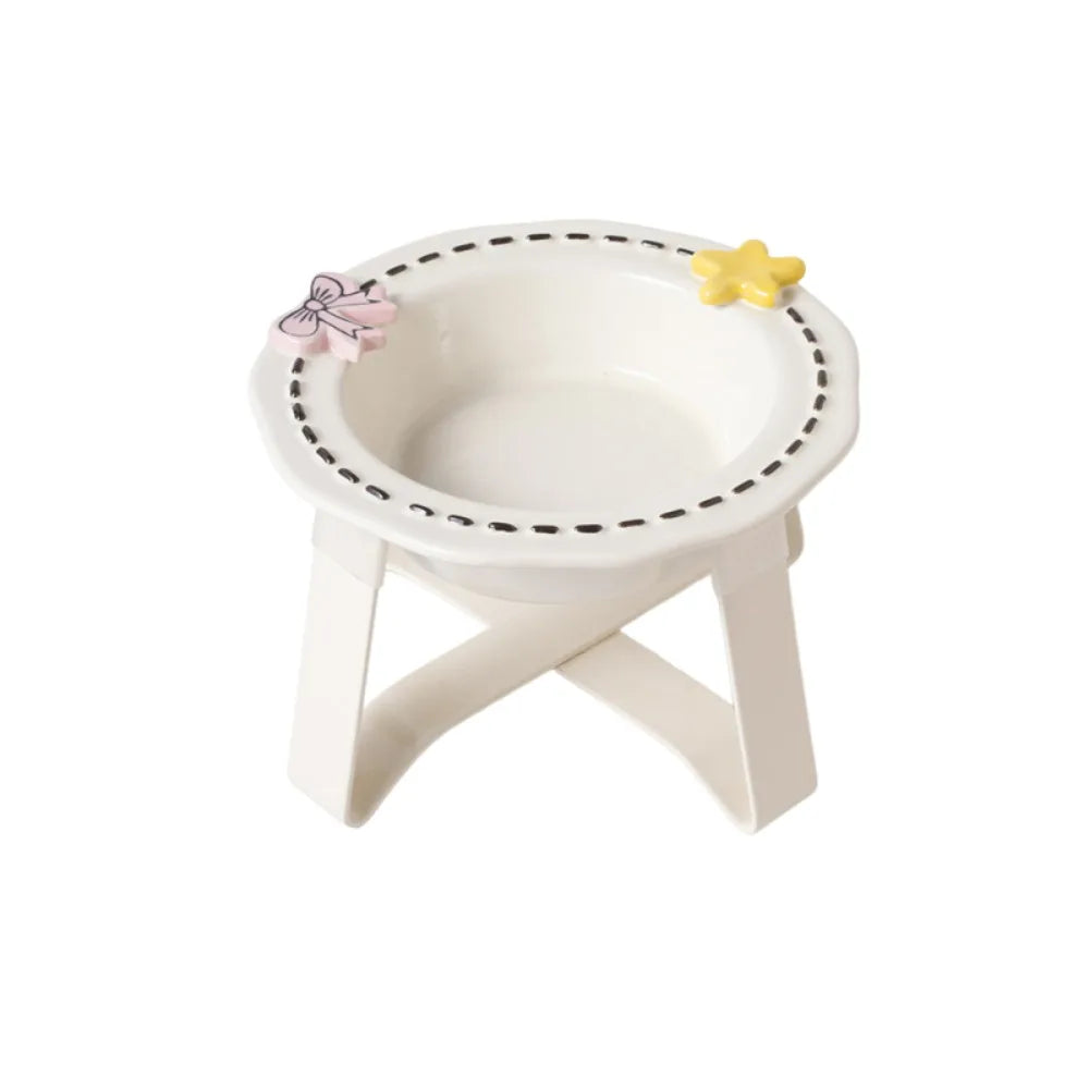 Cute Ceramic Cat Bowl Anti Slip Anti Vomiting Cat Food Water Bowl Large Caliber Stable Elevated Pet Feeder Bowl Vue Beige