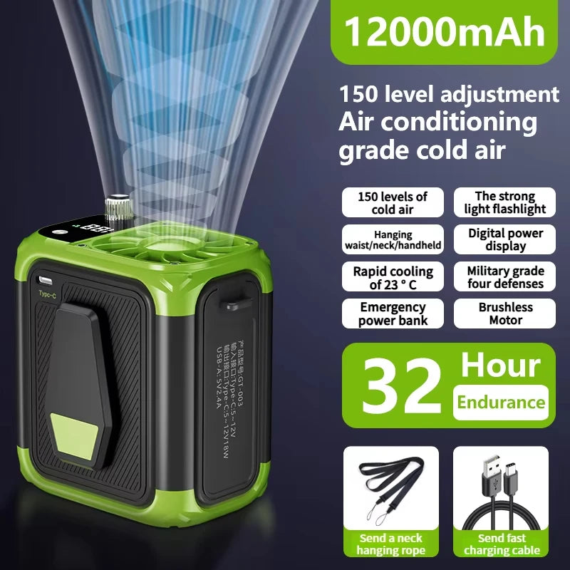 Mini high-speed waist fan, bladeless USB hanging neck fan, outdoor multifunctional mobile power lighting digital display fan Vue Green