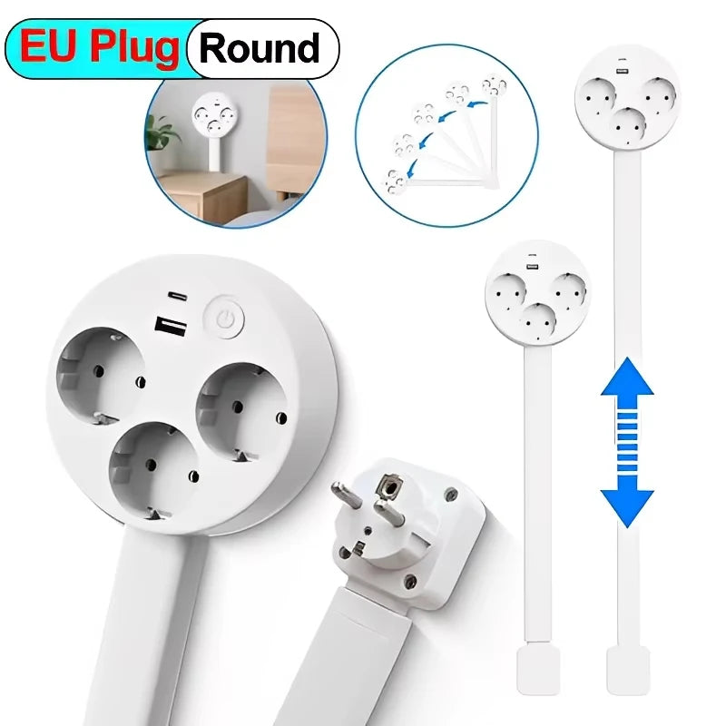Power Outlet Extender Power Socket Expander 2xAC Sockets 1xUSB A 1xUSB C Plug and Play 180 Degree Rotatable Versatile for Sofa Vue EU-Round