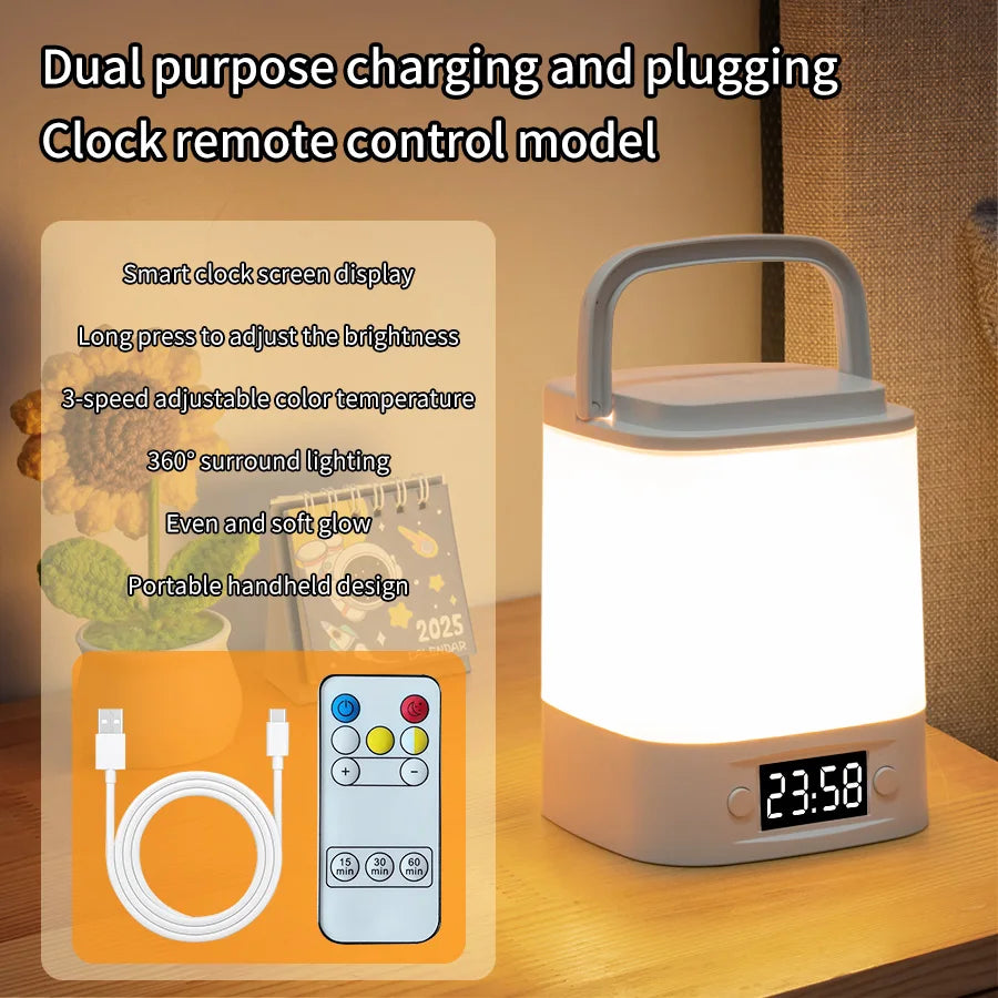 Rechargeable Led Table Lamp with Clock Time Display Night Light Remote Control for Bedroom Bedside Nursery Reading Book Light Vue Type-A with remote