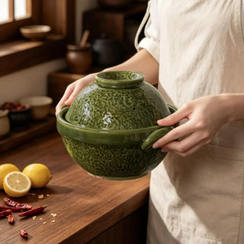 Durable Pottery Double-Handled Casserole Pot Double-layered Glaze with Lid Porridge Pot Vintage Rustic Style Clay Pot Restaurant Vue