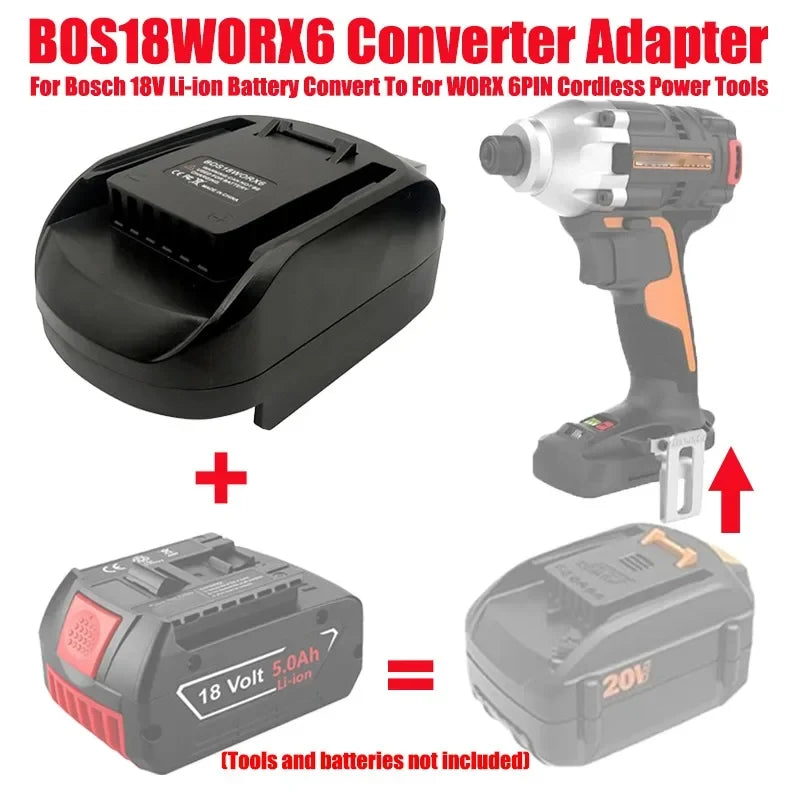 For Bosch 18V BAT618 Li-Ion Batteries BOS18WORX6 Battery Adapter Compatible with For Worx 20V 6 Pin Battery Cordless Power Tools Vue