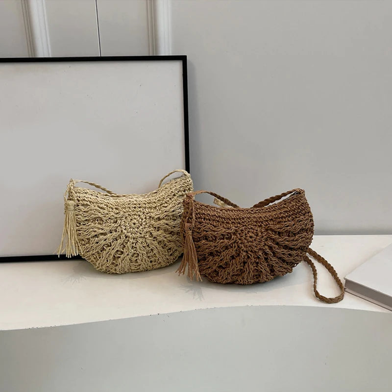 Half Round Straw Bag Women Summer Beach Rattan Shoulder Zipper Woven