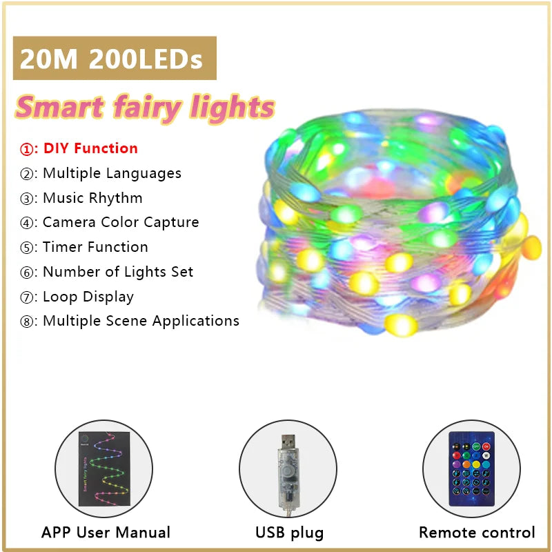 Color Changing Christmas String Lights Winkle Fairy Lights String Waterproof Smart App & Remote for Indoor Outdoor Patio Decor Vue 20M