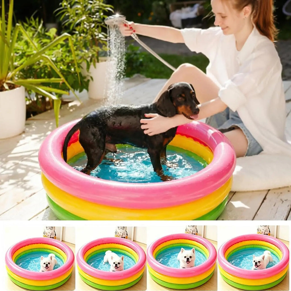 60x25cm Rainbow Foldable Doggie Pool, Portable Pet Swimming Pool with Water Toys, Outdoor Summer Splash Pool for Garden Beach Vue