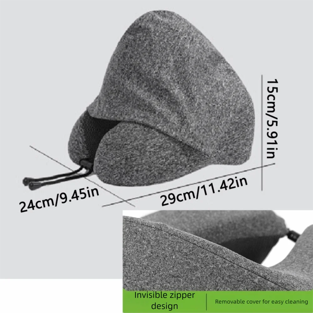 Adjustable Drawstring Hooded Travel Pillow Breathable Washable U-shaped Pillow with Cap Comfortable Soft Support Vue