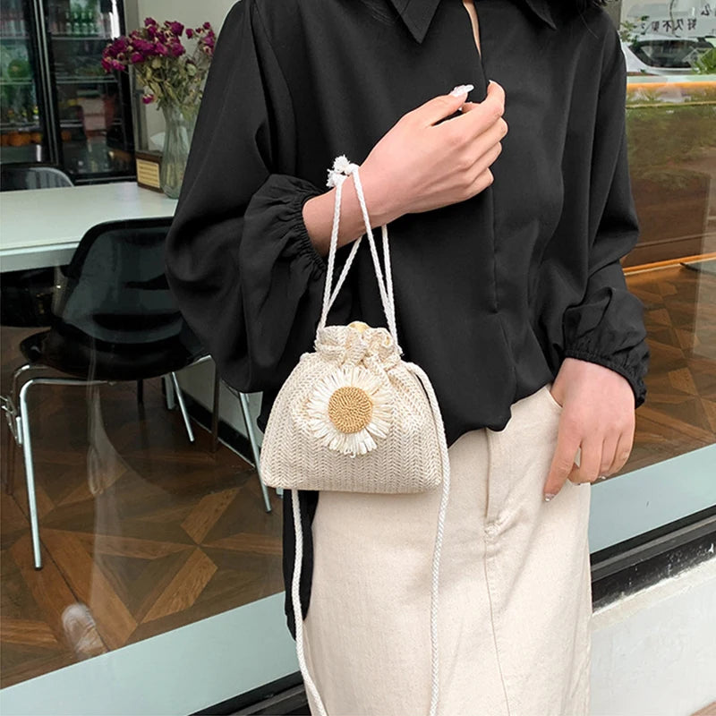 Rattan Woven Women Straw Bag Handbag Knit Flower Summer Beach