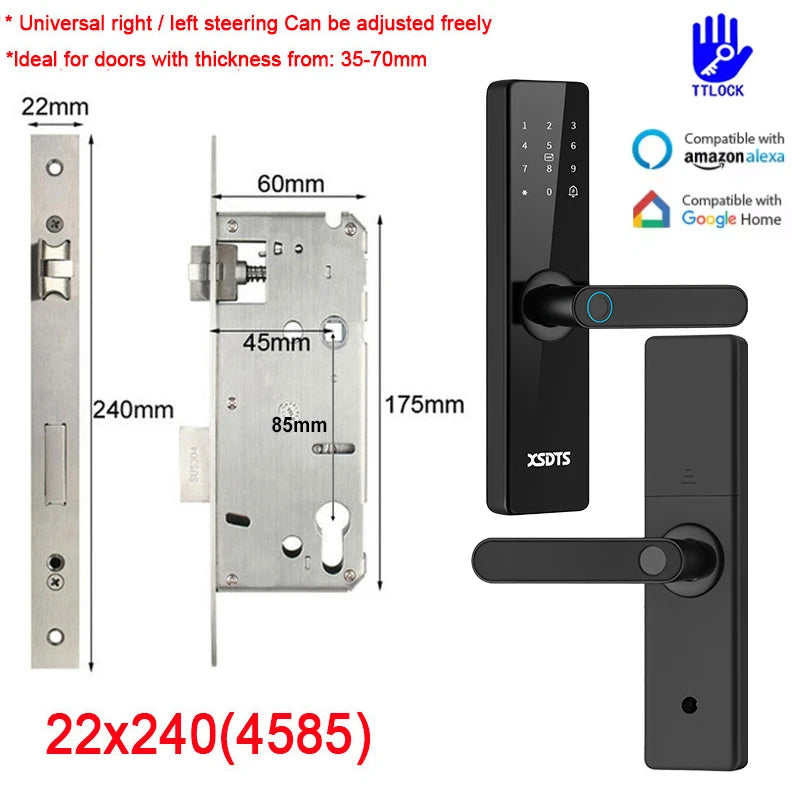 TTLock App Bluetooth Work With Google Home Aleax Security Digital Fingerprint Password Electronic Smart Lock For Home Vue 240x22(4585) Black