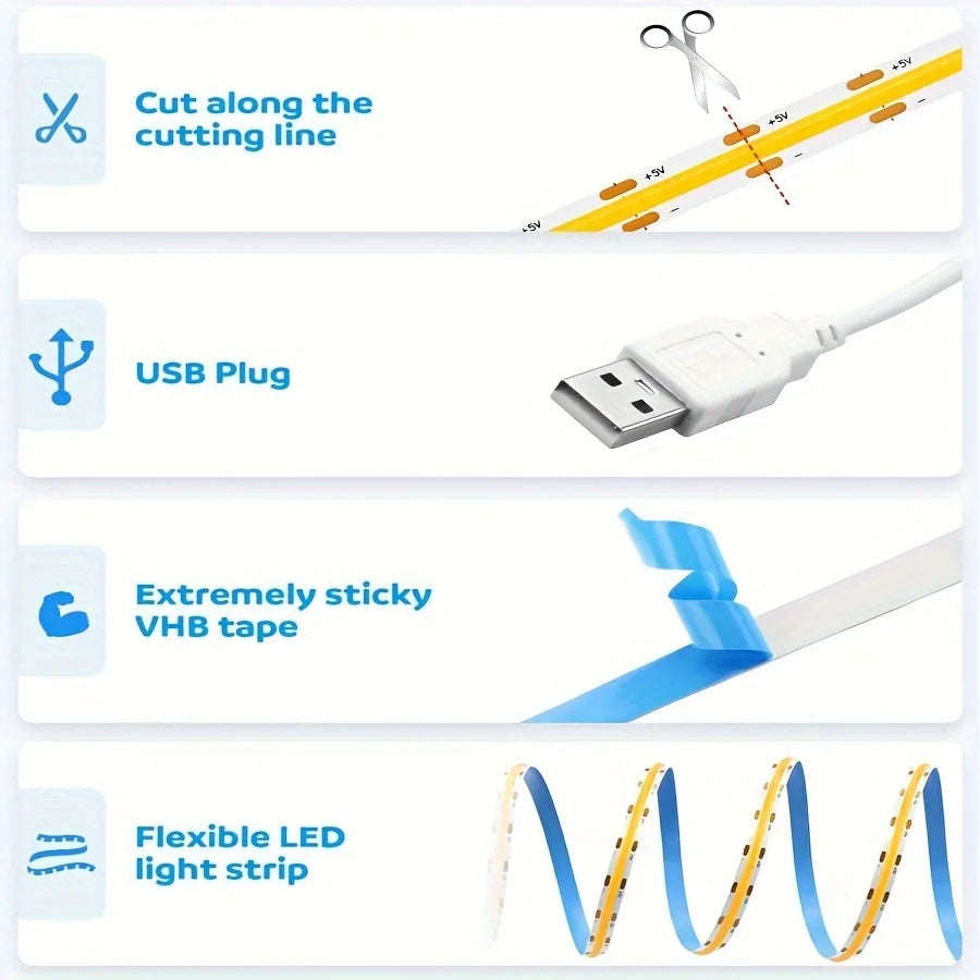 COB LED Strip Light Motion Sensor RA90 USB 5V Flexible Ribbon Linear Tape High Density Dimmer For DIY TV Mirror Backlight Decor Vue