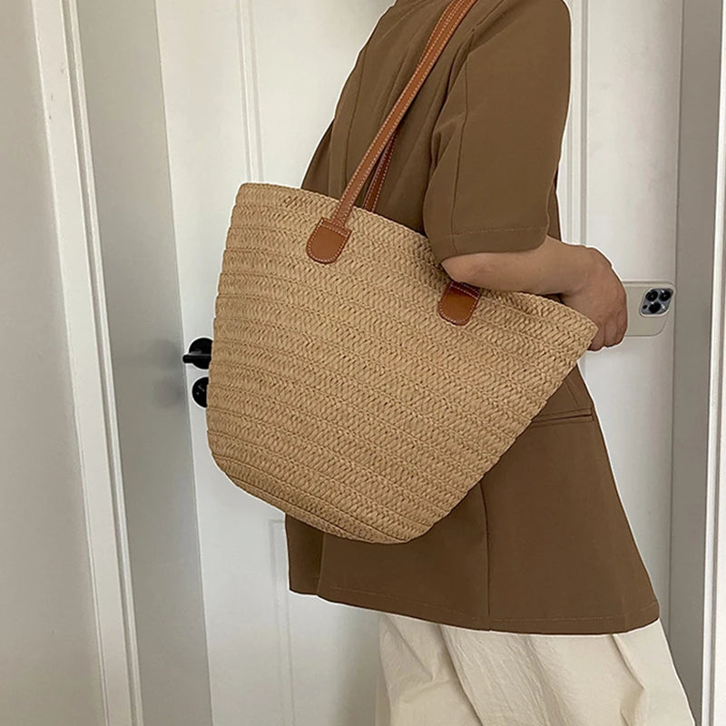 Women Braided Basket Clutches Top-handle Bag Large Straw Portable