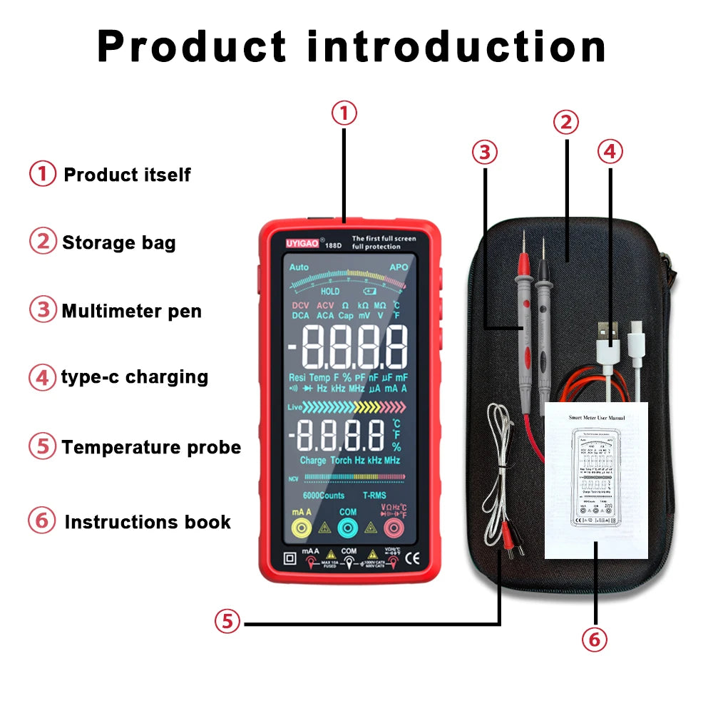 USB Rechargeable Smart Multimeter 6000 Counts TRMS Touch Screen Voltage Current Resistance NCV Measurement Electrical Instrument Vue
