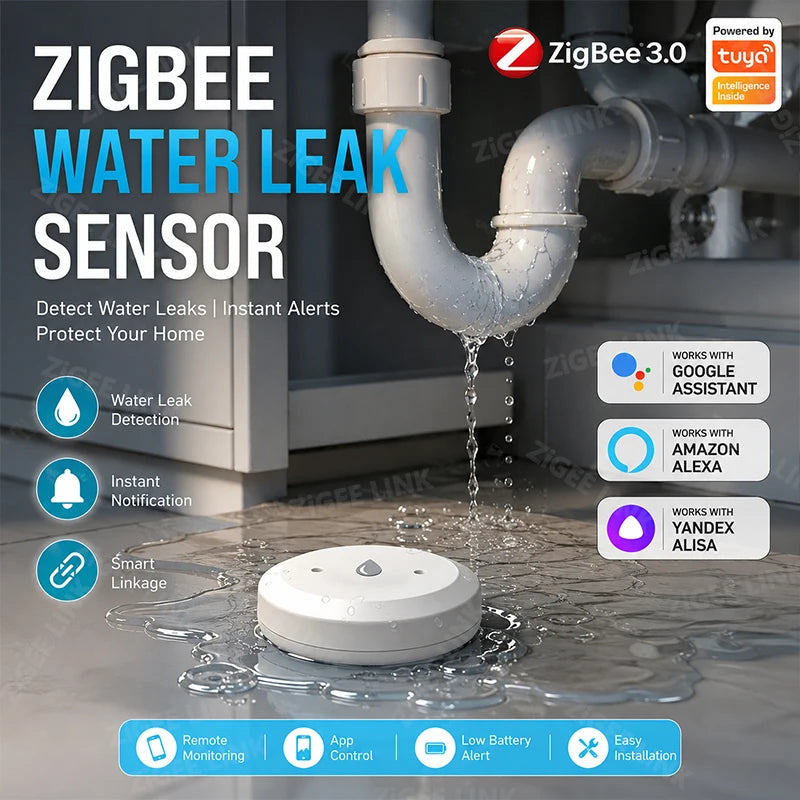 Zigbee Water Leak Detector Flood Overflow Security Sensor APP Abnormal Notification Smart Home Anti-Water-Leak Protection Device Vue Default Title