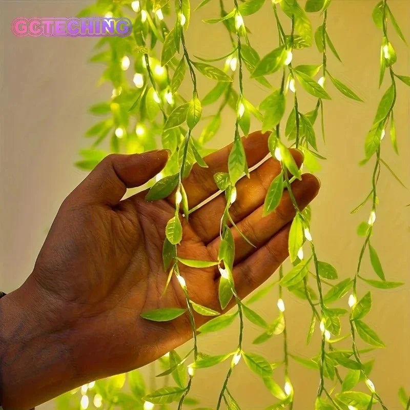2M 20 LED Willow Leaf Curtain Lights Battery Box Decorative Vine String Lights for Bedroom Wedding Party Room Wall Decor Vue