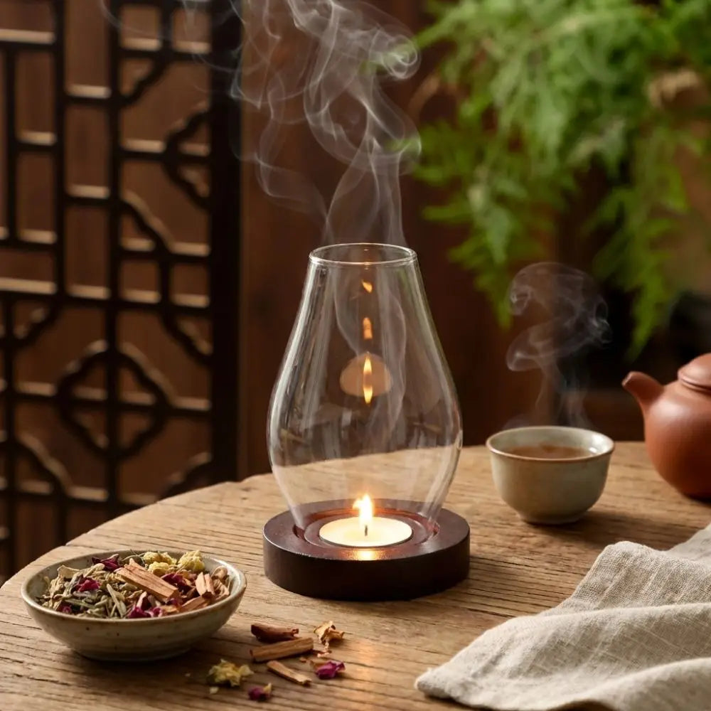 Windproof Glass Candle Holder Transparent Vintage Style Candle Cup Cover Heat-resistant Solid Wood Base Incenses Stove Lamp Vue