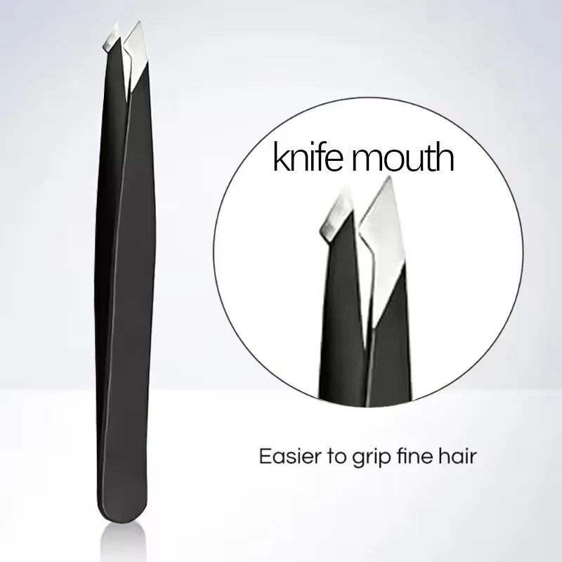 Professional Stainless Steel Black Eyebrow Tweezer with Slant and Flat Point Beauty Tools Eyelash Tweezer & Ingrown Hair Removal Vue knife