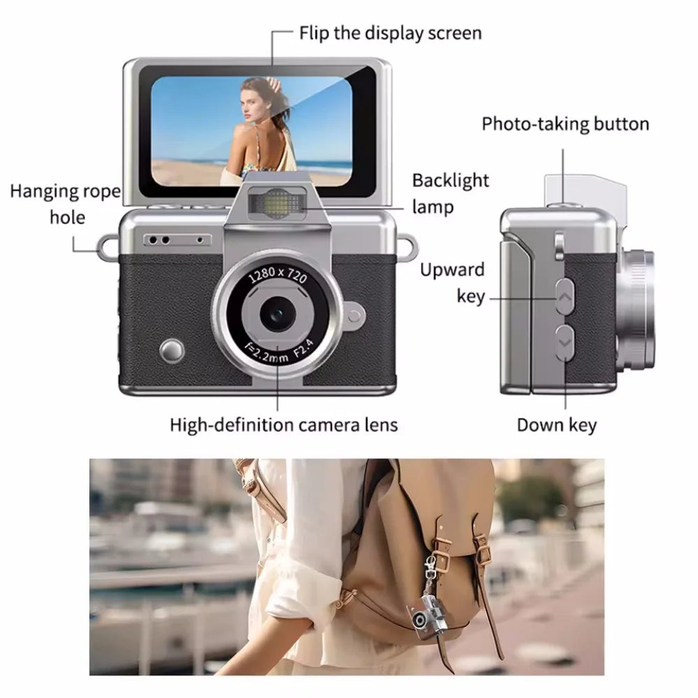 Palm-Sized Mini Digital Camera 180° Flip Selfie Screen with Flashlight Multiple Filters Keychain Portable Digital Camera Vue