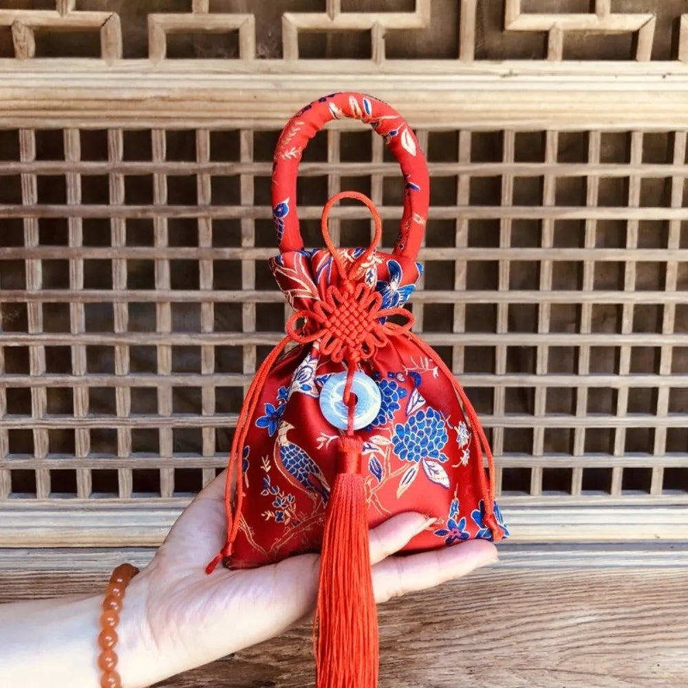 Chinese Style Canvas Flower Drawstring Bag Dragon Phoenix Chinese Knot Tassel Handbag Storage Bag Large Capacity Vue