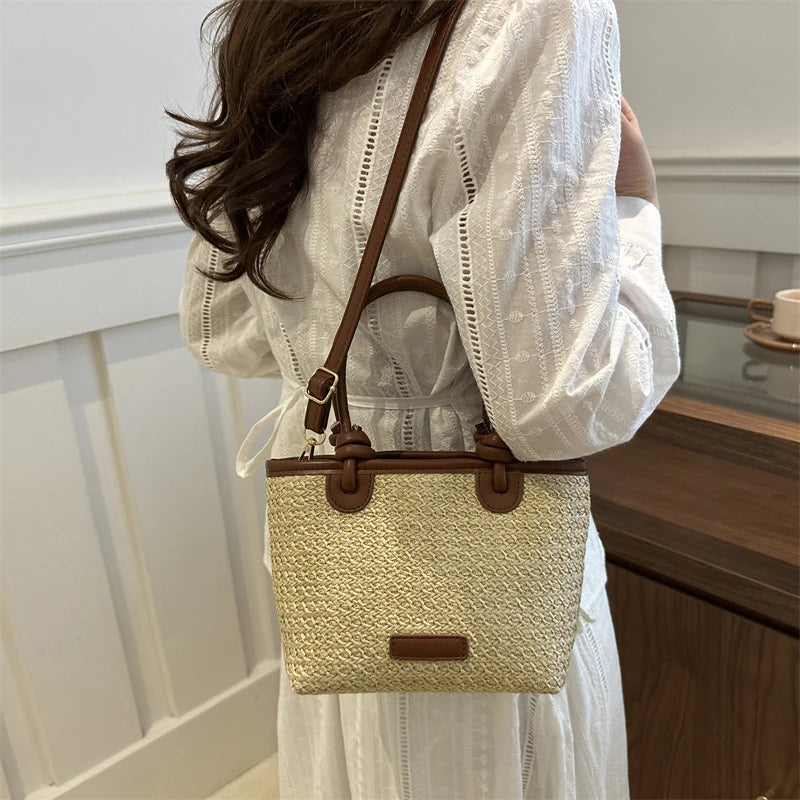 Straw Woven Crossbody Bags Women Summer Vacation Bucket Shoulder