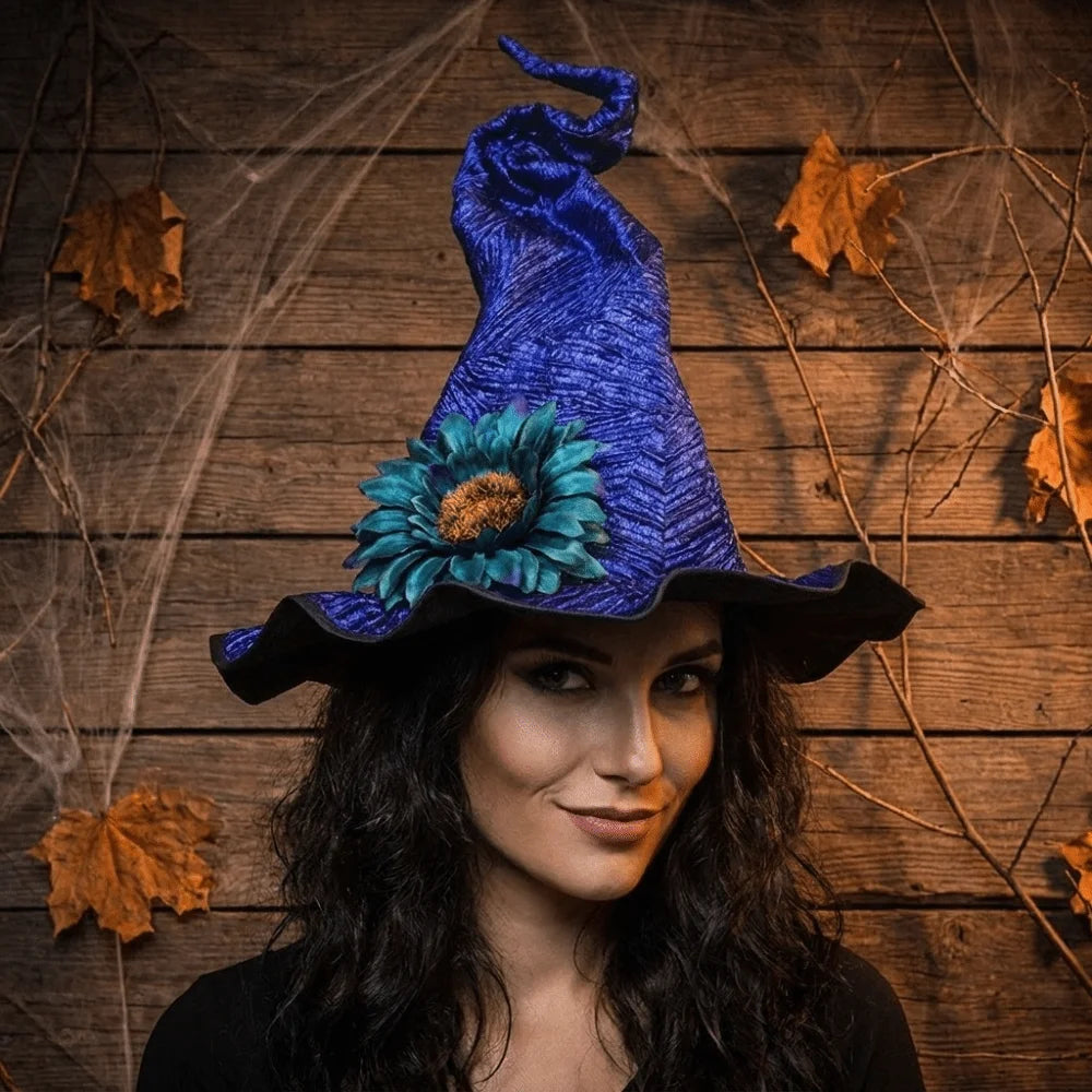 Floral Halloween Witch Hat Adjustable Twisted Wizard Cap Tall Pointed Cone Top Gothic Pointed Mage Hat Halloween Party Vue