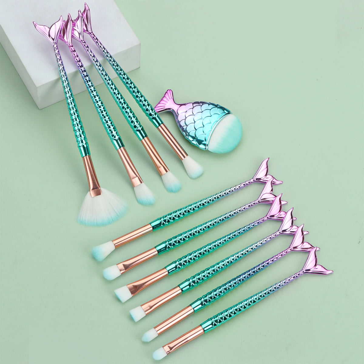 11Pcs Makeup Brushes Kit Maquiagem Maquillaje New Mermaid Foundation Eyebrow Eyeliner Cosmetic Makeup Brushes Vue Purple and green