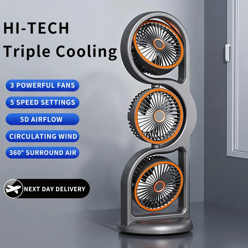 Portable USB Rechargeable 3-Head Desktop Fan 360 Rotation Circulating Vue