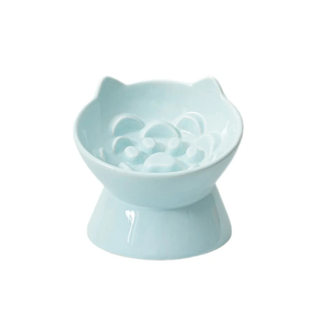 Ceramic Cat Slow Food Bowl Cute Slanted Mouth Dog Feeding Basin Creative Large Capacity Pet High Foot Bowl Kitten Puppy Vue Blue