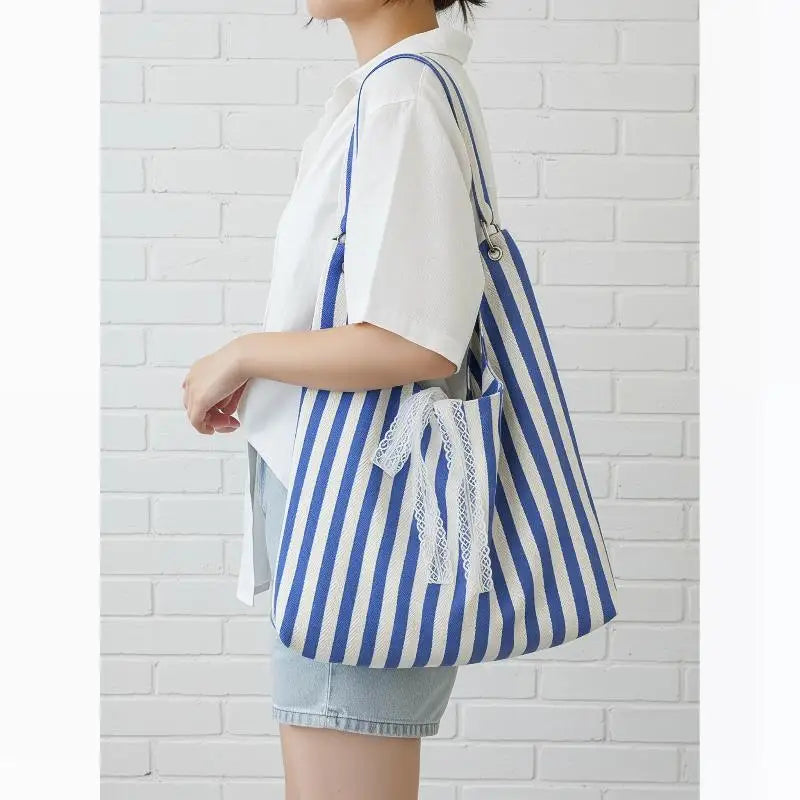 Stripe Hobo Bag Women Lace Bow Decor Canvas Tote Reversible Shoulder