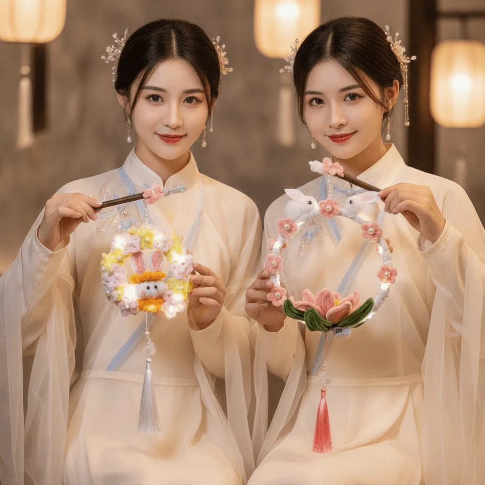 Handmade Bunny Wreath Lantern Glowing Twisted Stick Rabbit Hoop Lamp Easy-to-Make Ancient Style Chenille Stems Craft Vue