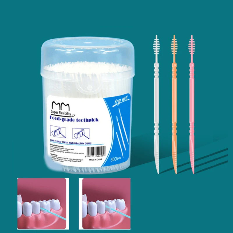 300pcs Plastic Double-head Interdental Brush Dental Floss Stick Mouth Hygiene Plastic Toothpicks Toothbrush Teeth Cleaning Brush Vue